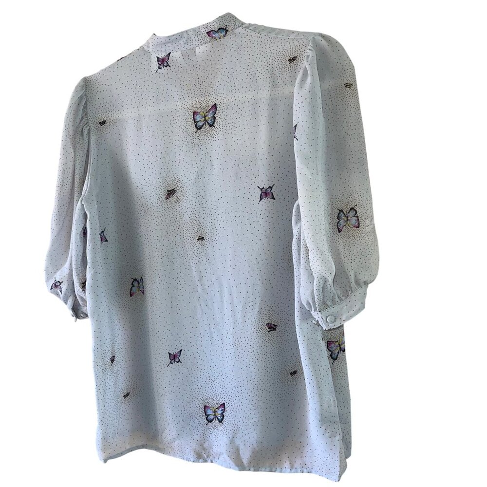 Alicia Vintage Womens Blouse Size Medium Gray Butterfly Print Crepe Casual - Picture 2 of 11
